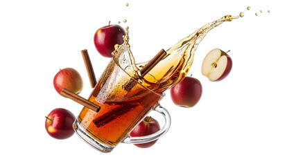 Refreshing apple cider splash amidst ripe fruits and aromatic cinnamon sticks on a clean white backdrop presenting a dynamic and inviting composition