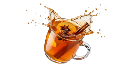 Hot spiced cider explosion with cinnamon and star anise creating dynamic splash isolated on white backdrop