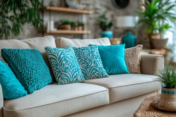 Fabric sofas with turquoise pillows. Coastal home interior design of modern living room in seaside house, Generative AI