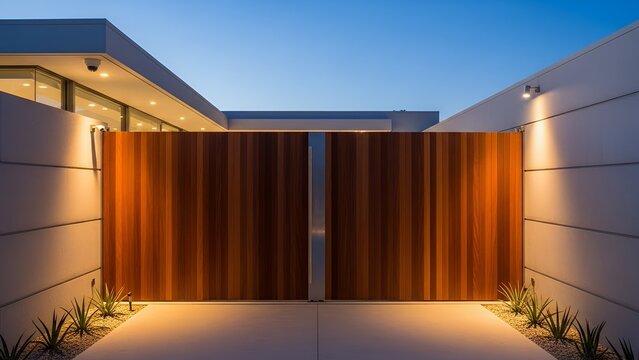 Modern architectural entrance featuring a large wooden gate illuminated by warm lights at twilight.