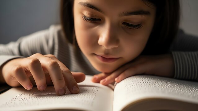 Girl reading braille book close up