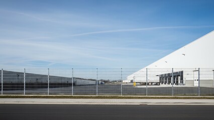 Obraz premium Large industrial warehouse buildings with loading docks and a security fence under a clear blue sky.