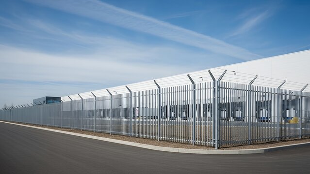 Exterior view of a large, secure industrial building with a tall fence under a blue sky.