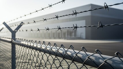 A chain-link fence with barbed wire in the foreground, securing an industrial building in the background.