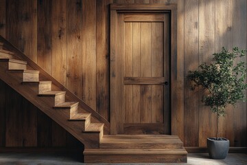 Wooden staircase and lining paneling wall in minimalist style hallway. Interior design of modern rustic entrance hall with door in farmhouse, Generative AI