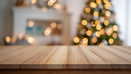 Light Wooden Table Top with Blurred Christmas Tree and Fireplace Bokeh Background