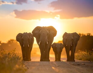 Obraz premium Family of elephants walks a dusty road at sunset, with orange sky and blurred background