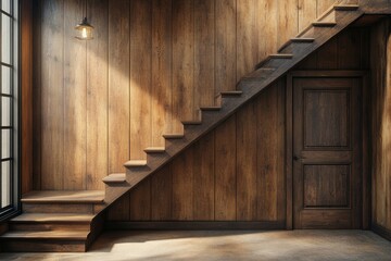 Wooden staircase and lining paneling wall in minimalist style hallway. Interior design of modern rustic entrance hall with door in farmhouse, Generative AI
