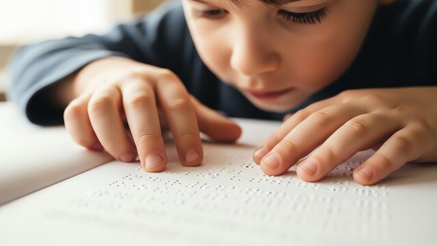 Boy reading braille book close up - Powered by Adobe