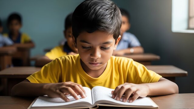 Boy reading braille book in classroom