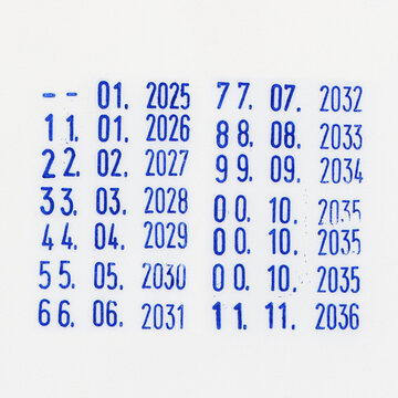 Dater Stamp blue marks with dates and years from 2025 to 2036 stamped on white background.