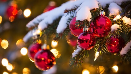 Outdoor Christmas Tree Branch with Snow, Red Ornaments, and Warm Golden Fairy Lights Bokeh