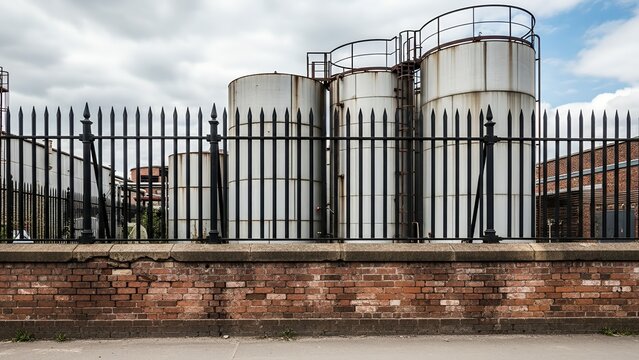 Industrial storage tanks behind a black metal fence and brick wall under a cloudy sky. - Powered by Adobe