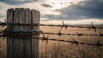 Close-up view of a weathered wooden fence post with rusty barbed wire against a blurred rural field and cloudy sky.