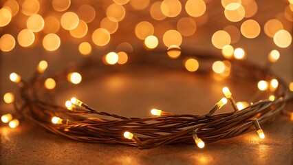 Warm glowing fairy lights arranged in a circle creating a festive and magical bokeh background