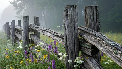 A rustic wooden split-rail fence winding through a misty field adorned with colorful wildflowers on a serene morning.