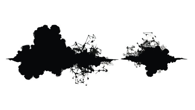 Abstract black ink splatters and clouds with reflections on a white background, evoking chaos and creativity