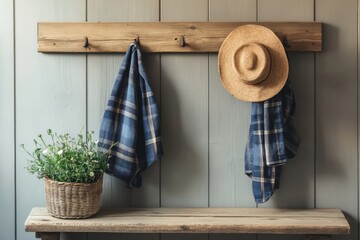 Wall-mounted coat rack above rustic bench. Farmhouse interior design of modern entrance hall, Generative AI