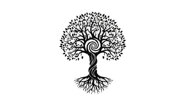 Intricate tree of life illustration with a swirling spiral in its trunk, symbolizing growth and connection.