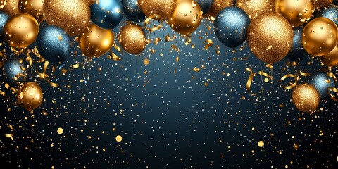 Holiday background with golden and blue metallic balloons, confetti and ribbons. Festive card for birthday party, anniversary, new year, christmas or other events, Generative AI