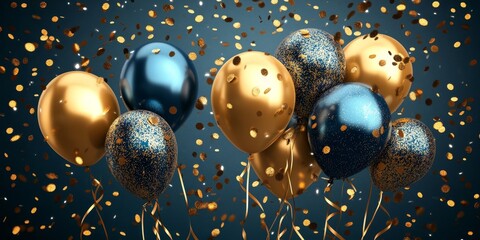 Holiday background with golden and blue metallic balloons, confetti and ribbons. Festive card for birthday party, anniversary, new year, christmas or other events, Generative AI