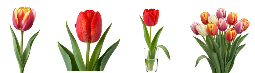 Naklejka premium Assortment of tulips in various colors and arrangements against a solid color studio style setting on transparent background