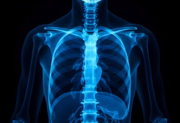 Detailed 3D anatomical illustration of human digestive system and skeleton, featuring glowing stomach, intestines, spine, ribs, and torso, ideal for medical, educational, and healthcare purposes.