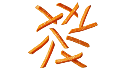 Delicious sweet potato fries with sea salt arranged artistically on a clean white surface, isolated for culinary presentation and creative use