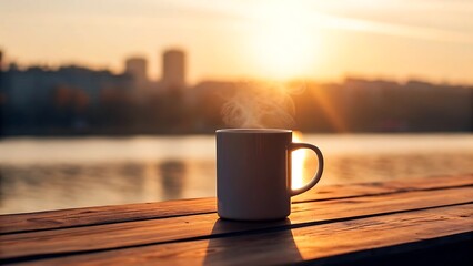 Warm mug of coffee or tea on wooden table at sunrise by the lake