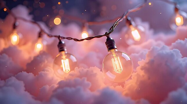 Planet-shaped lights strung like fairy lights, glowing softly in a pastel galaxy cloud, magical festive cosmic atmosphere.