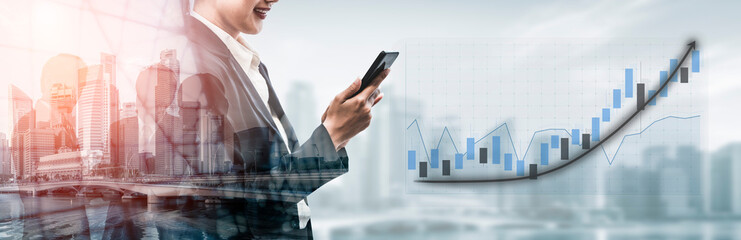 A business professional stands in an urban setting, engaging with a smartphone while growth graphs and data visualizations signify financial success and innovation. Impute