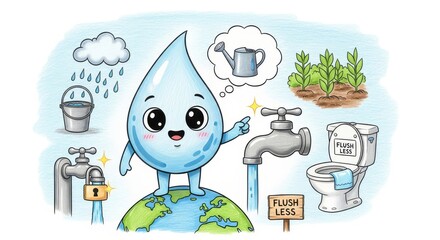 Cute Cartoon Character Promoting Water Conservation Efforts