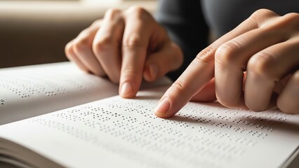 Person reading braille book close up