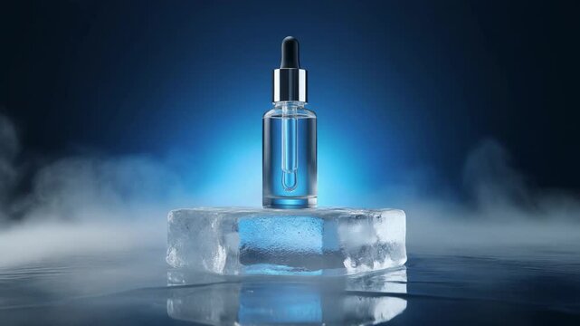 Refreshing Blue Serum Dropper Bottle on Ice with Misty Fog Amidst Dramatic Blue Lighting for Skincare and Cosmetics Advertisement
