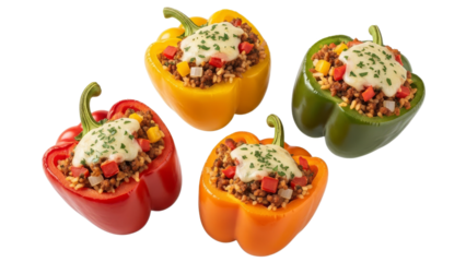 Array of vibrant stuffed bell peppers brimming with savory filling and creamy topping on a clean white backdrop perfect for culinary presentations