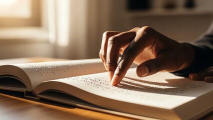 Person reading braille book on wooden table