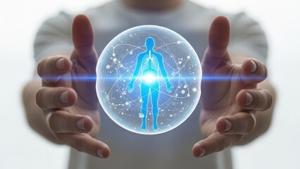 Digital human body hologram in a sphere, health data and future medical technology