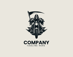 Naklejka premium Grim Reaper rider holding scythe while riding motorcycle in bold black vector logo illustration