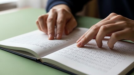 Person reading braille book with fingers