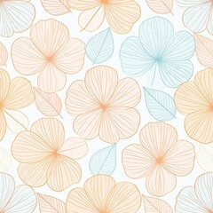 Obraz premium Seamless Floral Pattern with Orange and Blue Outlined Flowers and Leaves