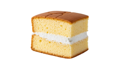 Delicate sponge cake square filled with luscious cream, set against a pristine backdrop that emphasizes its delectable simplicity