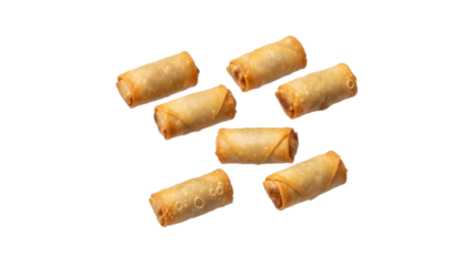 Golden Delight: An Array of Crispy Spring Rolls on Pure White Backdrop for Culinary Presentation, Asian Cuisine concept, and delectable appetizers