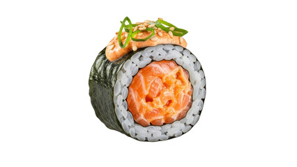 Elevated salmon sushi roll presentation with appetizing texture and tasteful embellishments on a pure white backdrop, a delectable culinary