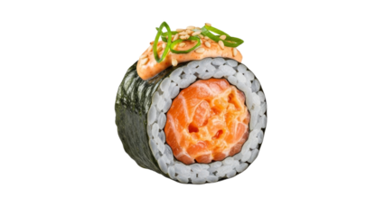 Elevated salmon sushi roll presentation with appetizing texture and tasteful embellishments on a pure white backdrop, a delectable culinary