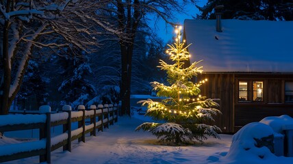 Cozy illuminated Christmas tree shines bright against snowy cabin exterior on a tranquil winter night
