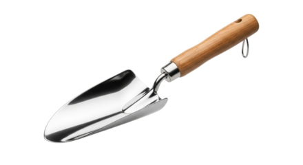 A Pristine Garden Trowel: A Shiny Stainless Steel Blade and a Smooth Wooden Handle Tool for Cultivating Beauty and Preparing the Ground for Growth