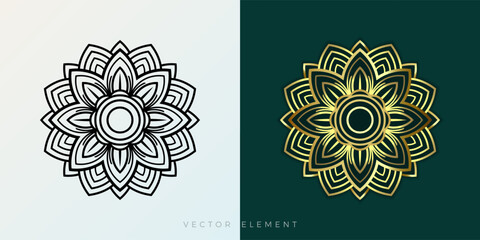 Beautiful Gold decorative ornament vector mandala on dark green background. Floral. Oriental. Lines - Vector