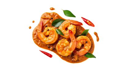 Delicious spicy shrimp curry with vibrant chilies and fragrant curry leaves on a white backdrop