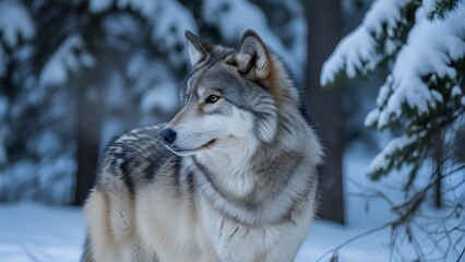 Obraz premium A grey wolf standing alert in snowy forest