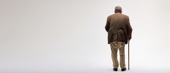 The elderly man with a cane standing alone against a minimal white background